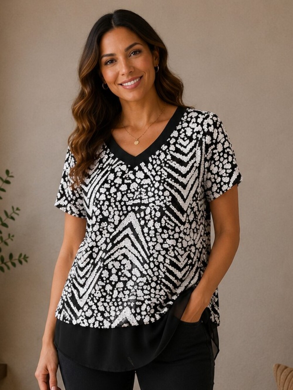 Alberto Makali Black & White Sequin Pattern Short Sleeve Blouse